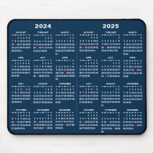 2024-2025 2 Year Calendar Simple Blue US Holidays Mouse Mat