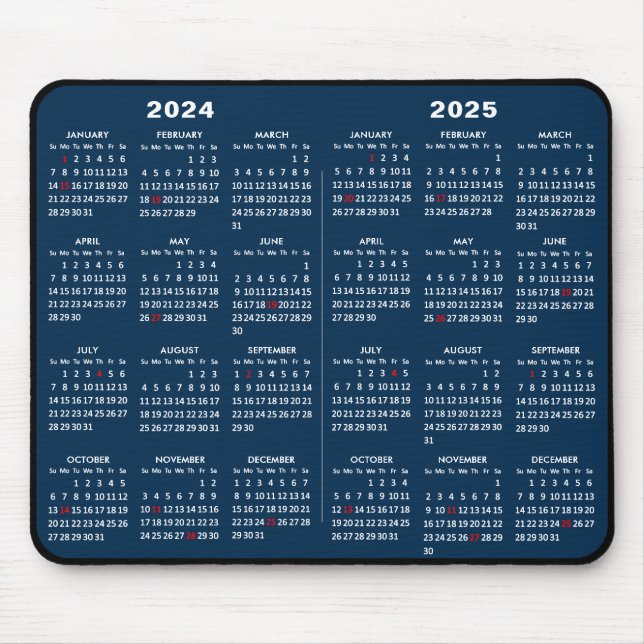 2024-2025 2 Year Calendar Simple Blue US Holidays Mouse Mat (Front)