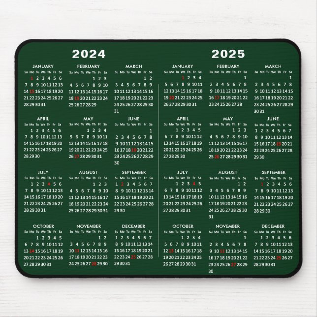 2024-2025 2 Year Calendar Simple Green US Holidays Mouse Mat (Front)