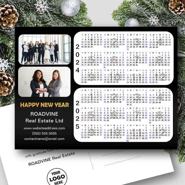 2024 2025 Calendar Modern Black Corporate 2 Photo Holiday Postcard (Creator Uploaded)