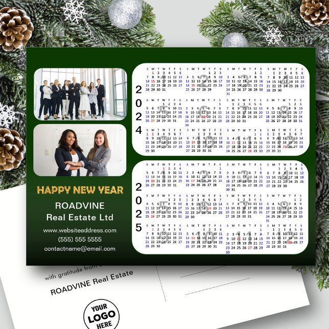 2024 2025 Calendar Modern Green Corporate 2 Photo  Holiday Postcard (Creator Uploaded)