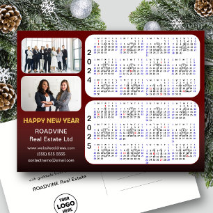 2024 - 2025 Calendar Modern RED Corporate 2 Photo Holiday Postcard