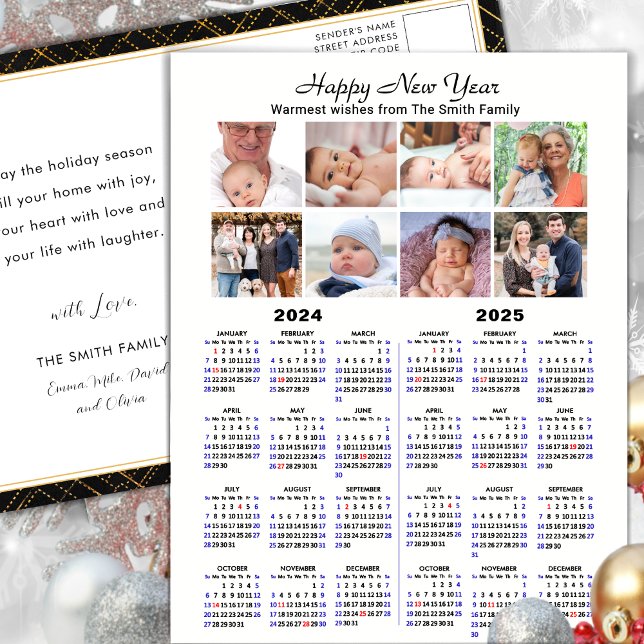 2024 2025 Calendar Photo Collage Black Minimalist Holiday Postcard (Creator Uploaded)