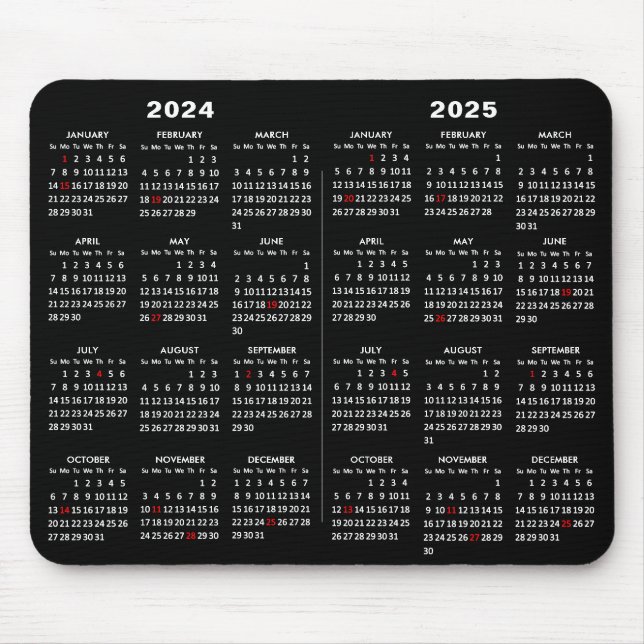 2024 - 2025 Calendar Simple Black with US Holidays Mouse Mat (Front)