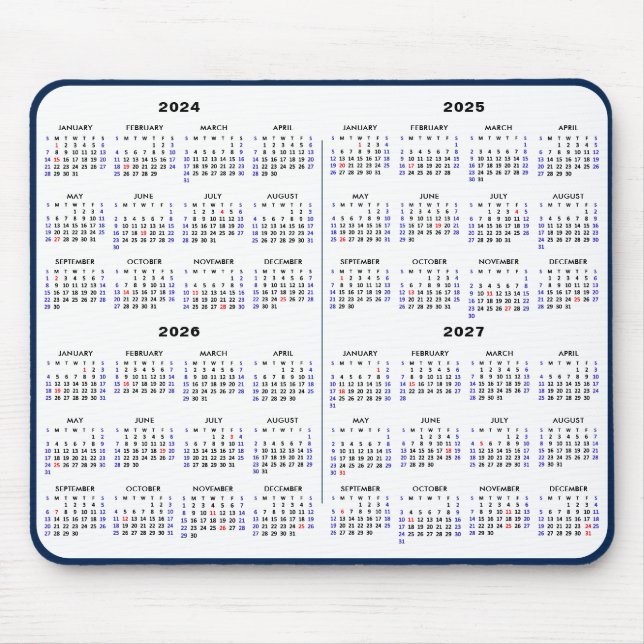 2024 - 2027 4 Year Calendar Simple Blue US Holiday Mouse Mat (Front)