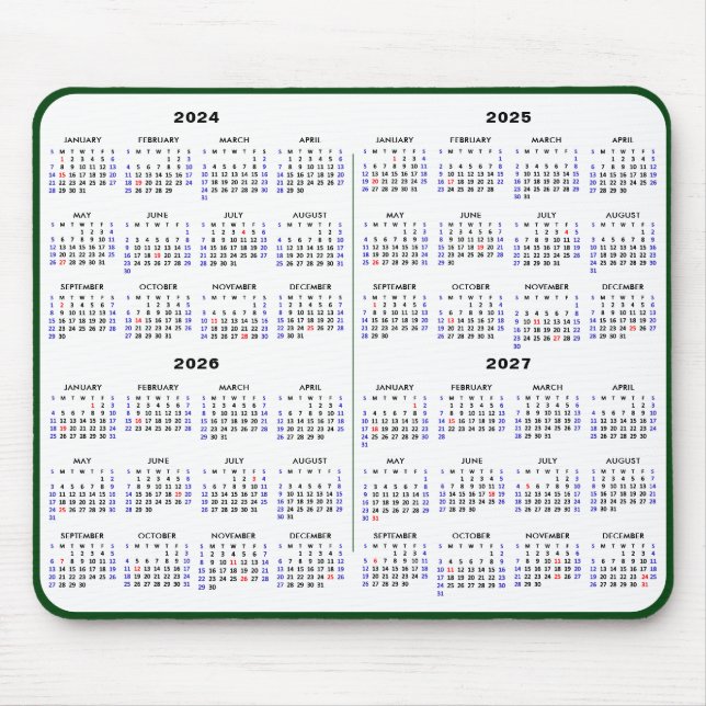 2024-2027 4 Year Calendar Simple Green US Holiday Mouse Mat (Front)