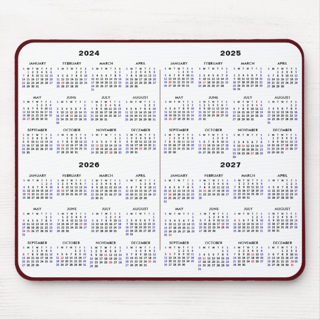 2024-2027 4 Year Calendar Simple Red US Holiday Mouse Mat (Front)