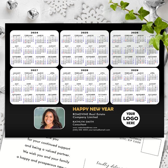 2024 - 2029  6 Year Calendar Modern Black Business Holiday Postcard (Creator Uploaded)