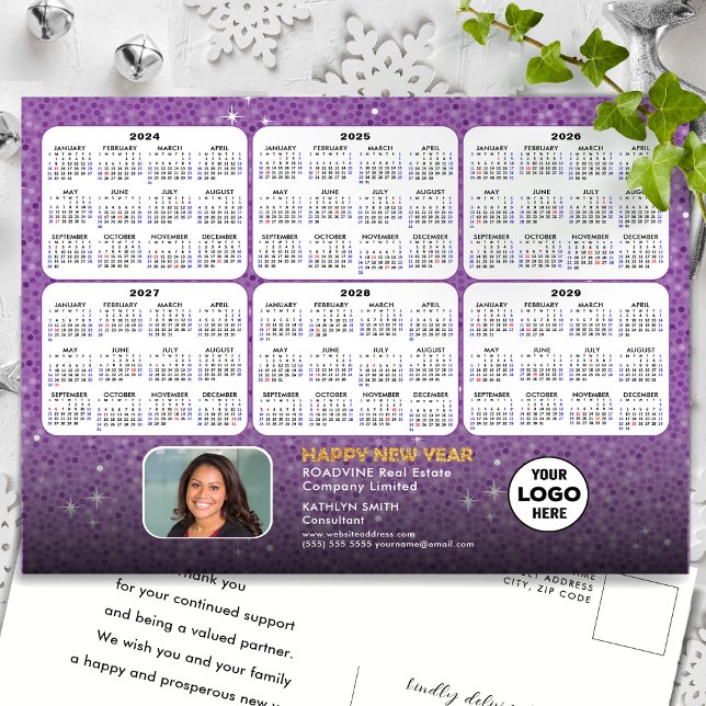 2024  2029  6 Year Calendar Modern Purple Business Holiday Postcard (Creator Uploaded)