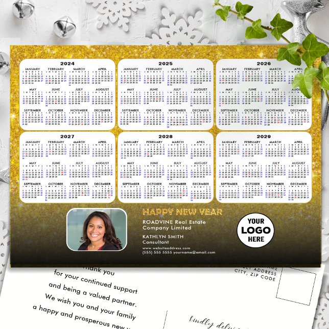2024 - 2029  Calendar Modern Gold Glitter Business Holiday Postcard (Creator Uploaded)