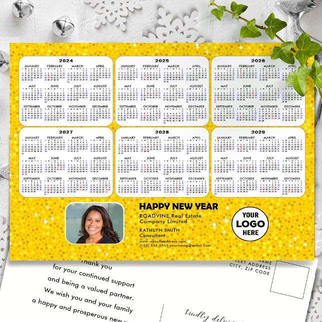 2024 - 2029  Calendar Modern Gold Glitter Business Holiday Postcard (Creator Uploaded)