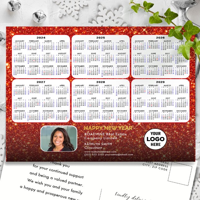 2024 - 2029 Calendar Modern Red Glitter Corporate  Holiday Postcard (Creator Uploaded)