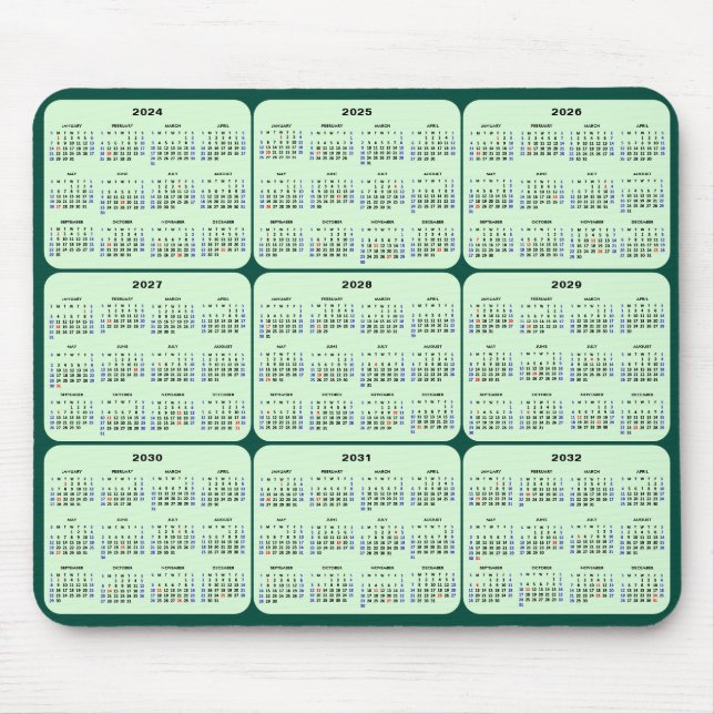 2024 - 2032 Calendar with US Holidays Dark Green Mouse Mat (Front)