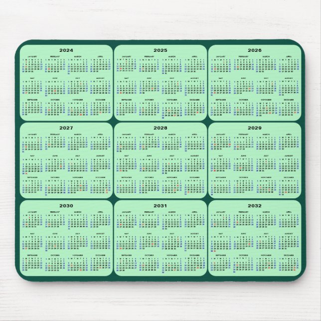 2024 - 2032 Calendar with US Holidays on Green Mouse Mat (Front)