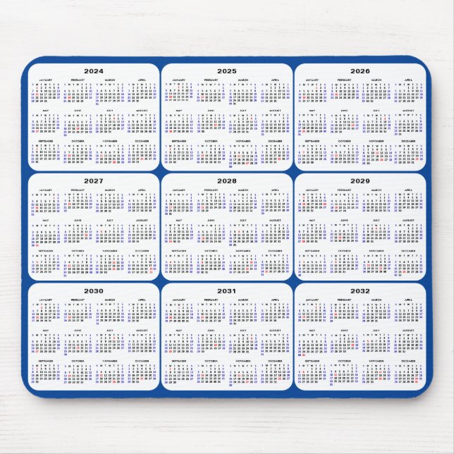 2024 - 2032 Calendar with US Holidays on Navy Blue Mouse Mat (Front)