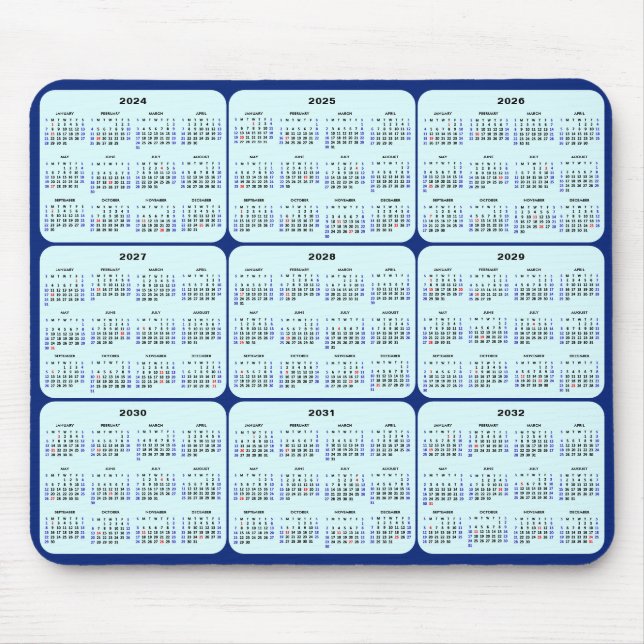 2024 - 2032 Calendar with US Holidays on Navy Blue Mouse Mat (Front)
