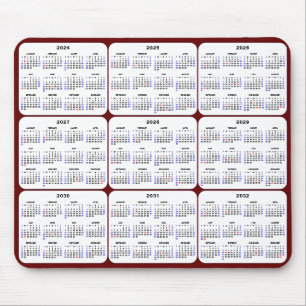 2024 - 2032 Calendar with US Holidays Red Burgundy Mouse Mat