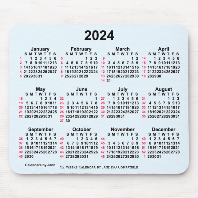 2024 Alice Blue 52 Weeks ISO Calendar by Janz Mouse Mat (Front)