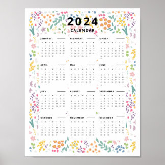 2024 At A Glance Calendar Wildflower Pattern Poster