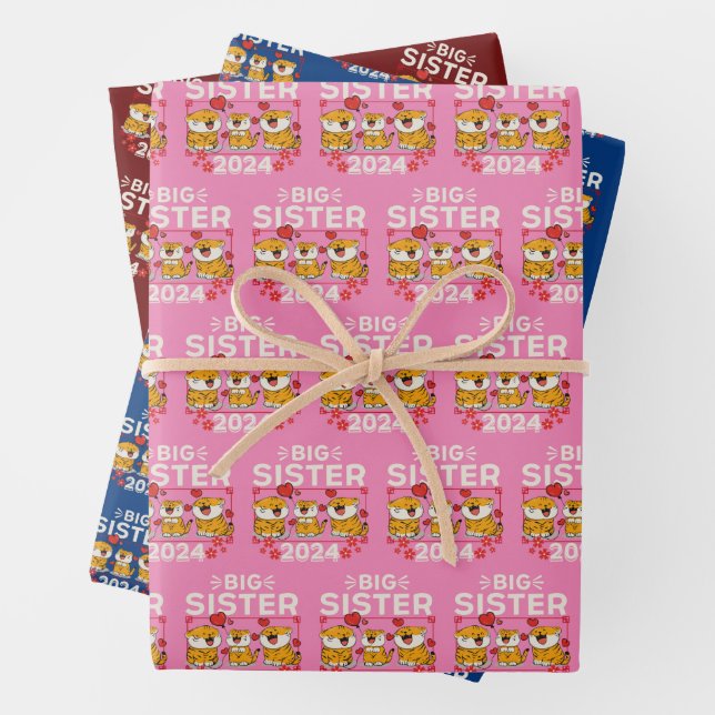 2024 Big Sister Tiger Love Hearts Wrapping Paper Sheet (In situ)