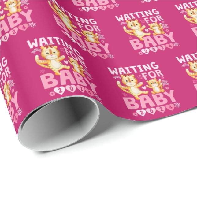 2024 Big Sister Waiting for Baby Cute Tigers Wrapping Paper (Roll Corner)