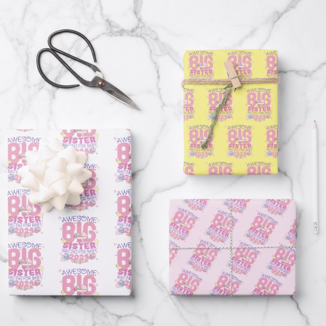 2024 Big Sister Waiting for New Baby Wrapping Paper Sheet (Front)