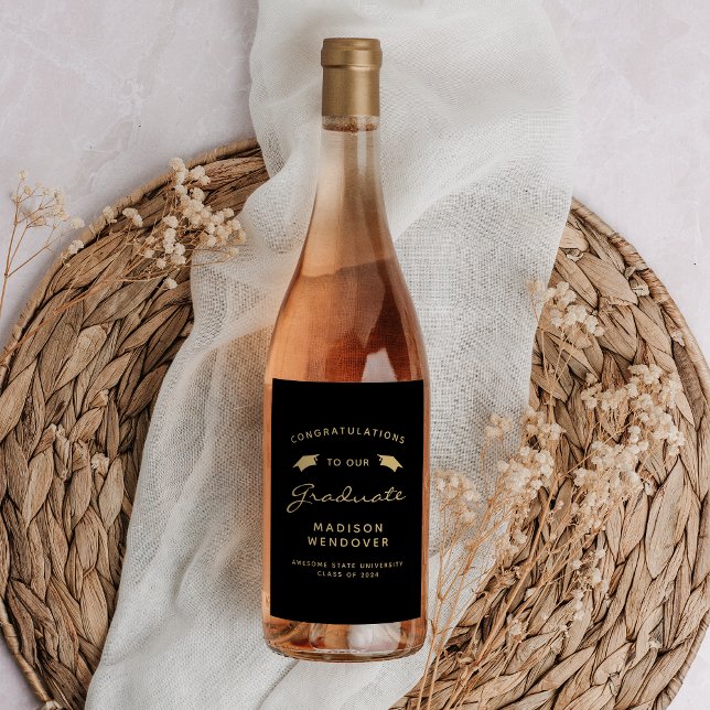 2024 Black Gold Script Cap Graduation Wine Label (Creator Uploaded)