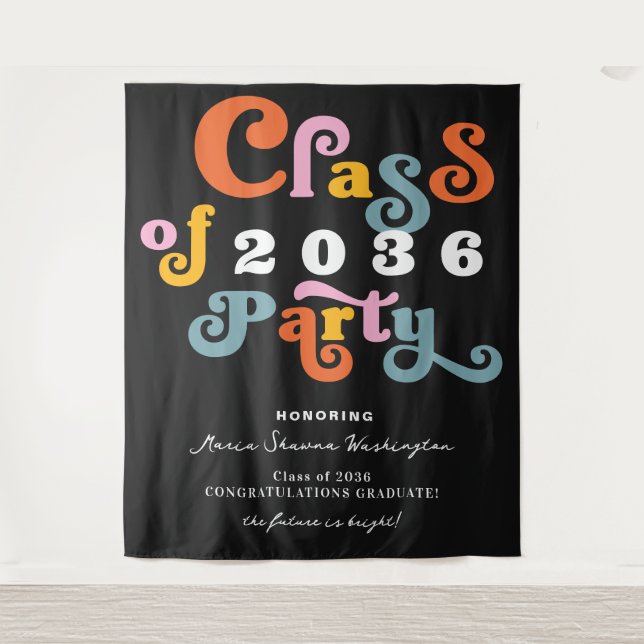 2024 Black Retro Custom Graduation Party Backdrop Tapestry (Front)