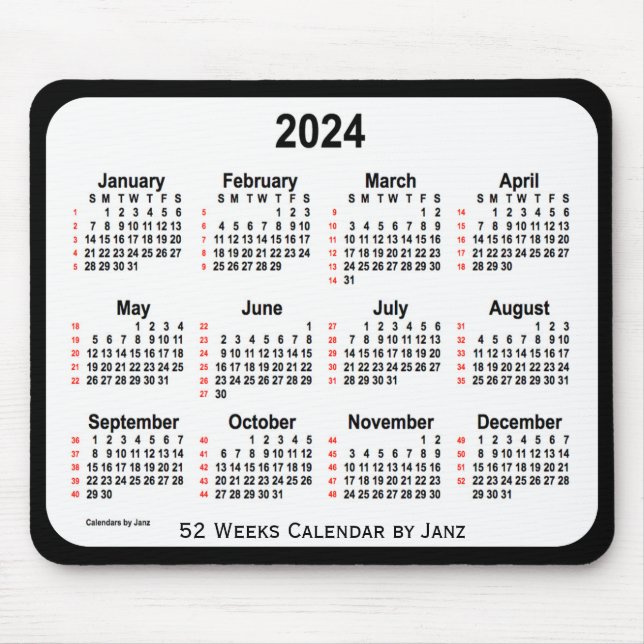 2024 Black Two Tone 52 Weeks Calendar by Janz Mouse Mat (Front)