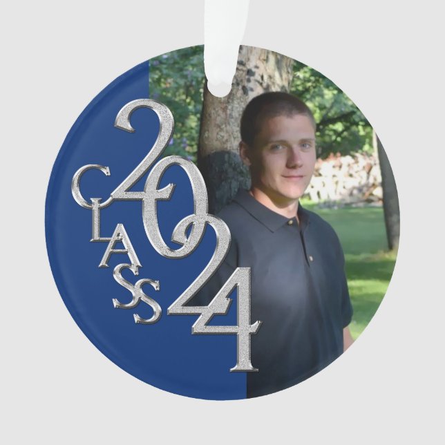 2024 Blue and Silver Graduation Photo Ornament (Front)