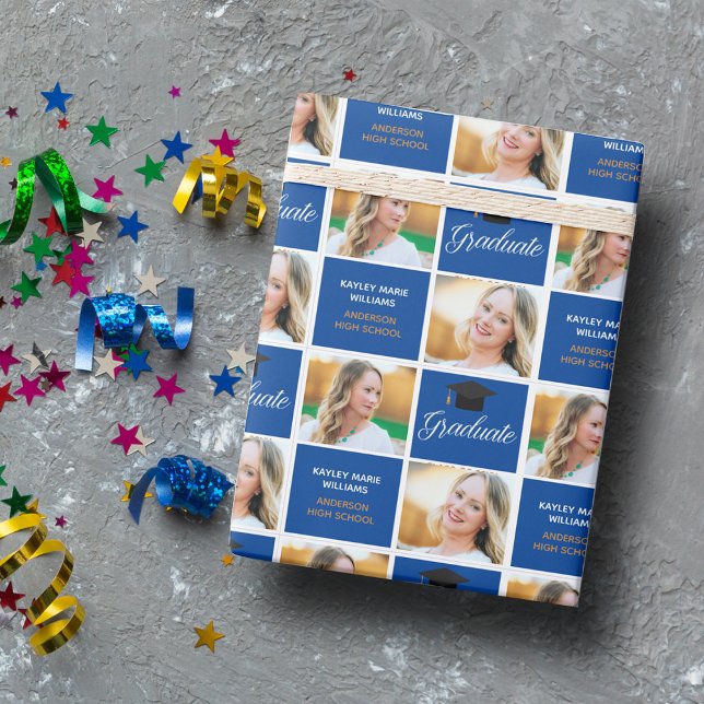2024 Blue Graduate Customizable Photo Graduation Wrapping Paper (Creator Uploaded)