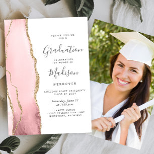 2024 Blush Pink Gold Agate Photo Graduation Invitation