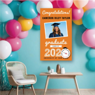 2024 Bold Sketch On Orange Photo Graduation Party Banner