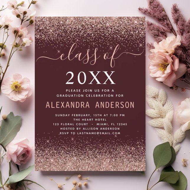 2024 Burgundy Graduation Pink Rose Gold Glitter Invitation (Creator Uploaded)