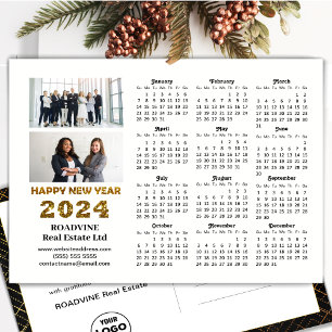 2024 Business 2 Photo Modern Gold Script Calendar Holiday Postcard