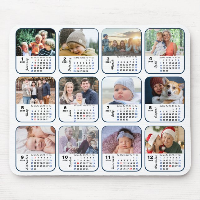 2024 Calendar 12 Family Photo Collage US Holidays  Mouse Mat (Front)