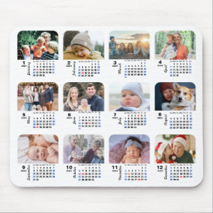 2024 Calendar 12 Family Photo Collage US Holidays Mouse Mat