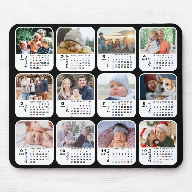 2024 Calendar 12 Family Photo Collage US Holidays  Mouse Mat (Front)