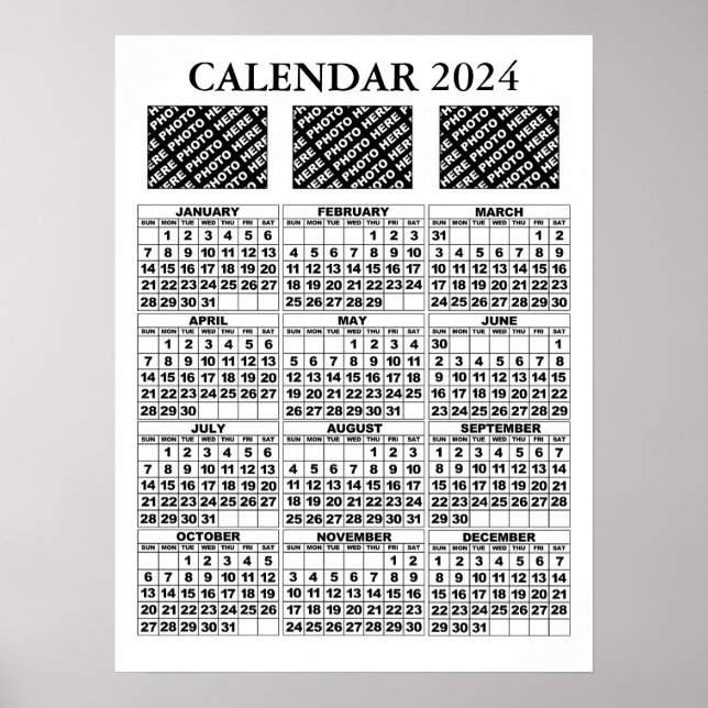 2024 Calendar Add 3 Photos Poster White 18x24in (Front)