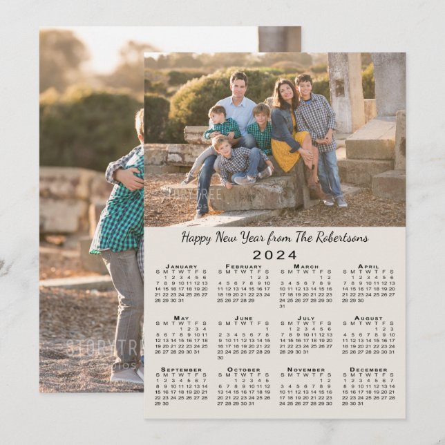 2024 Calendar Beige 2 Custom Photos Happy New Year Holiday Card (Front/Back)
