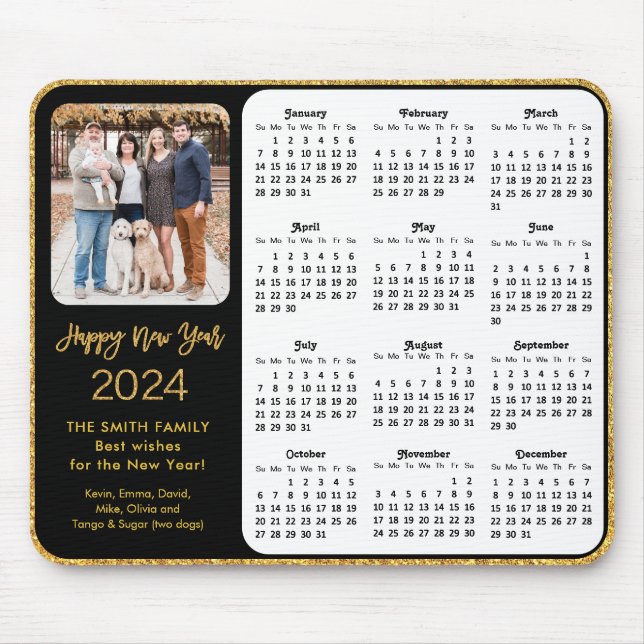 2024 Calendar Black Gold Glitter Family Photo Mouse Mat (Front)