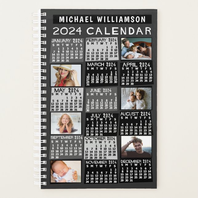 2024 Calendar Black Mod 12 Photo Collage Name Sm Planner (Front)