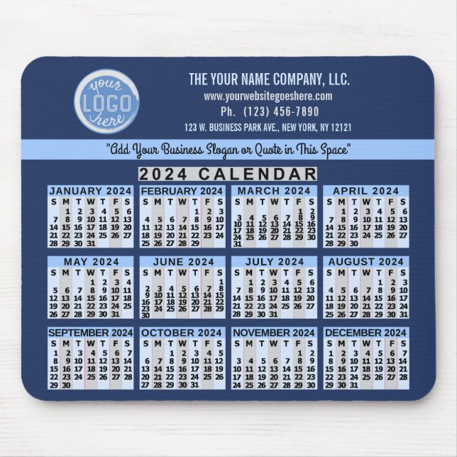 2024 Calendar Blue Easy Custom Business Logo Name Mouse Mat (Front)