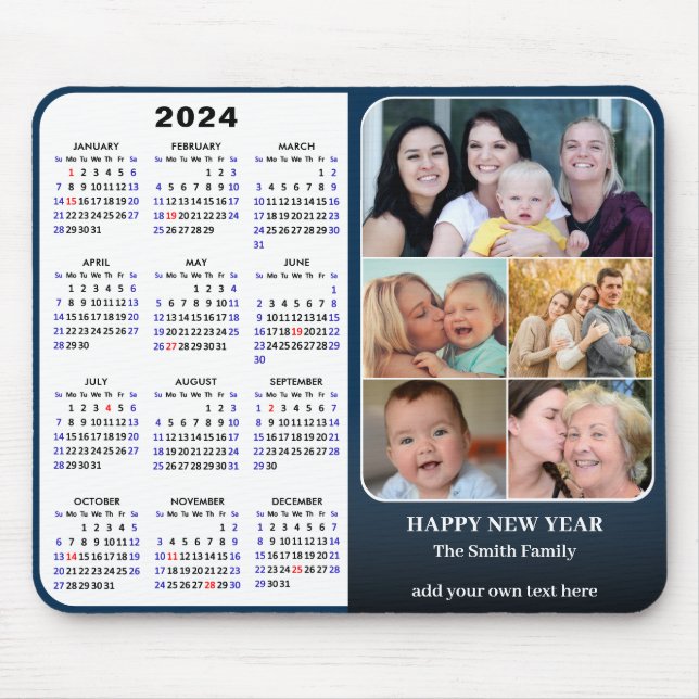 2024 Calendar Blue Family Photo Collage US Holiday Mouse Mat (Front)