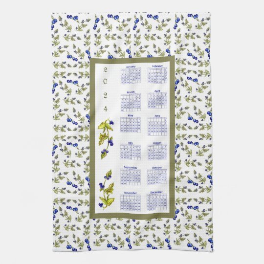 2024 Calendar Blueberries Stemmed Leaves, white Tea Towel Zazzle.co.uk