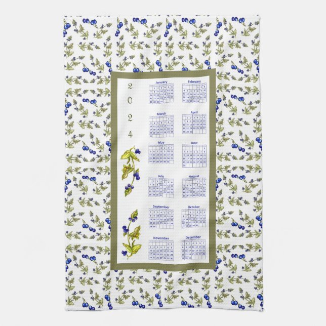 2024 Calendar Blueberries Stemmed Leaves, white Tea Towel (Vertical)