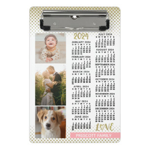 2024 Calendar Blush Pink Gold Family Photo Collage Mini Clipboard