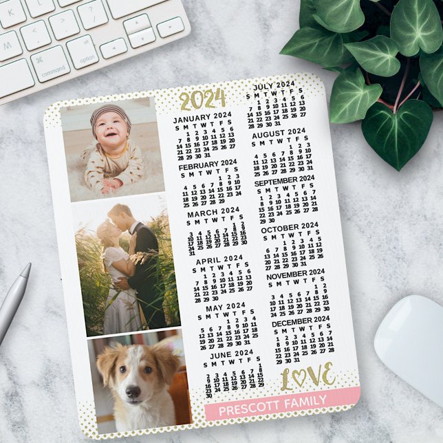2024 Calendar Blush Pink Gold Family Photo Collage Mouse Mat (Creator Uploaded)