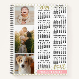 2024 Calendar Blush Pink Gold Family Photo Collage Notebook