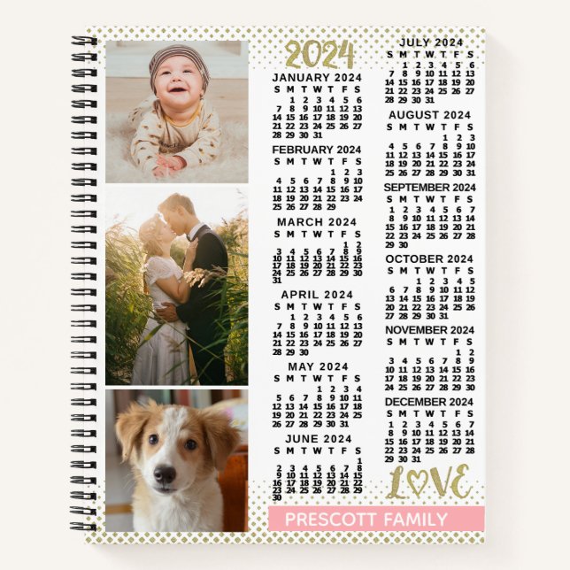 2024 Calendar Blush Pink Gold Family Photo Collage Notebook (Front)